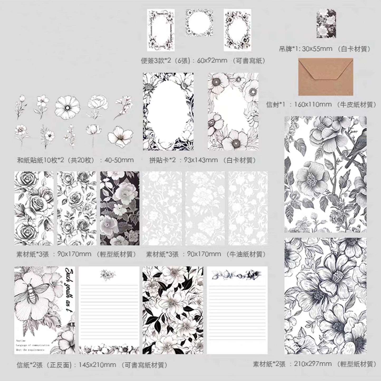 花卉復古系列貼紙信封信紙素材紙手帳包