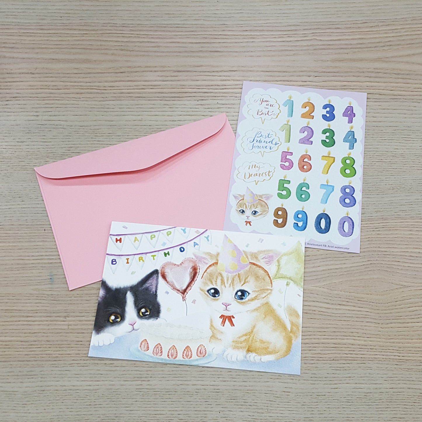 Ariel自家設計貓咪生日卡（附送信封發及貼紙）